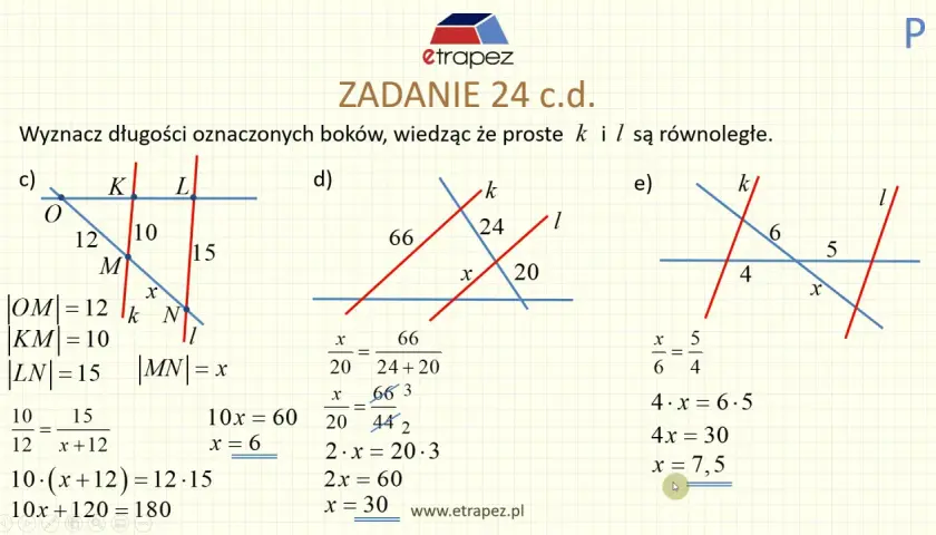Zadanie 24 c.d. - twierdzenie Talesa. Rysunki geometryczne z równoległymi prostymi k i l oraz ich przecięciami.