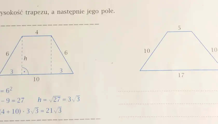 Obliczenia pokazują wzór na wysokość trapezu, gdzie h = 3√3. Obok przykład z innymi wymiarami.