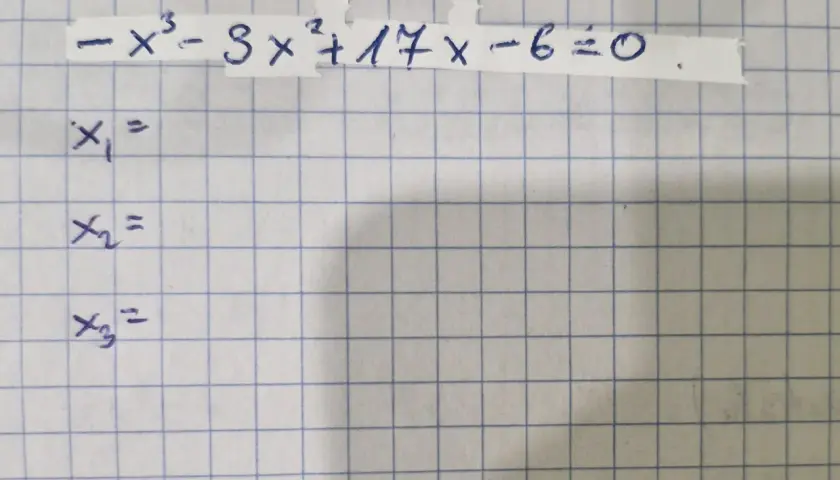 Równanie sześcienne -x³-3x²+17x-6=0 z miejscami na x₁, x₂, x₃.
