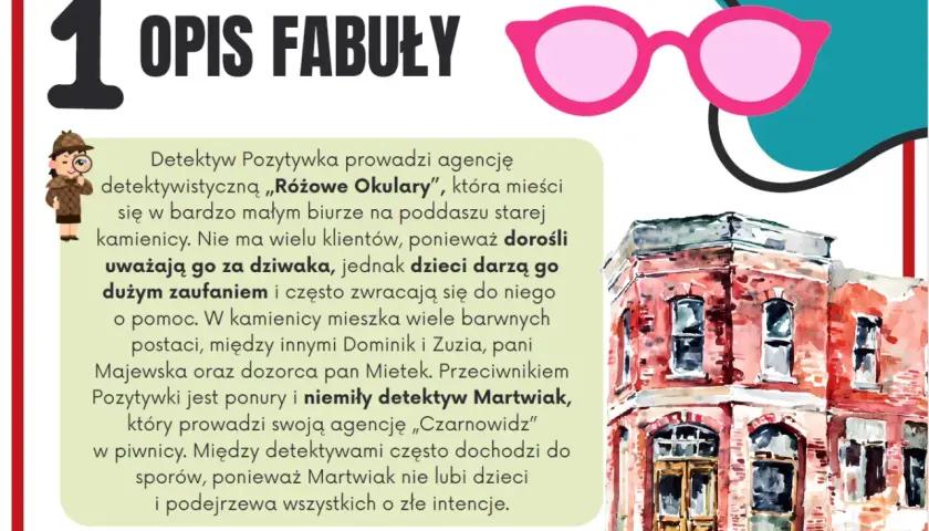 Detektyw Pozytywka i jego agencja „Różowe Okulary” to streszczenie przygód, gdzie dzieci kontra dorosły detektyw Martwiak.