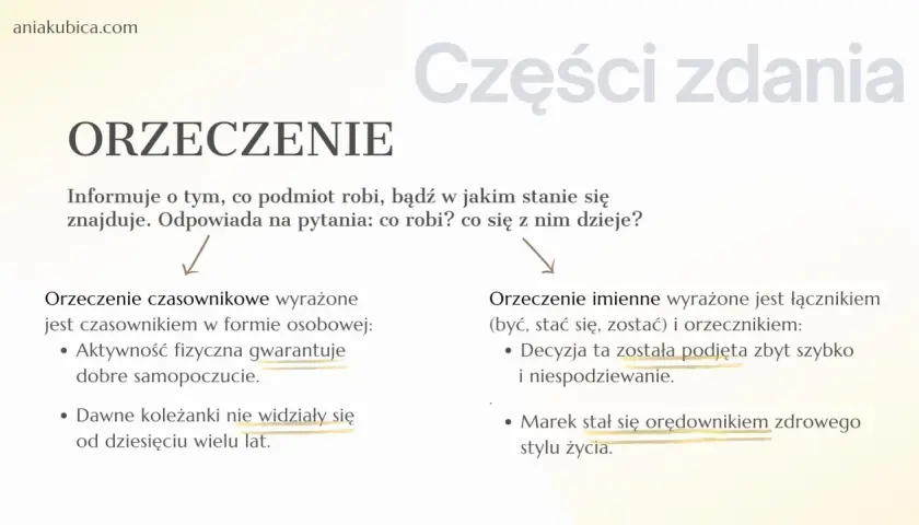 Orzeczenie informuje o czynności lub stanie podmiotu. Przykład: "Marek stał się orędownikiem zdrowego stylu życia.