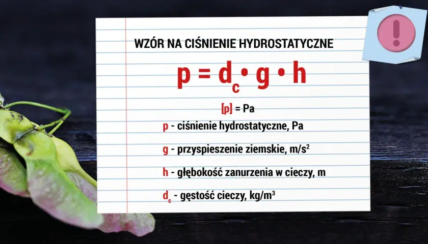 Wzór na ciśnienie hydrostatyczne: p = d<sub>c</sub> * g * h. Oblicza ciśnienie cieczy w zależności od jej gęstości, przyspieszenia ziemskiego i głębokości.