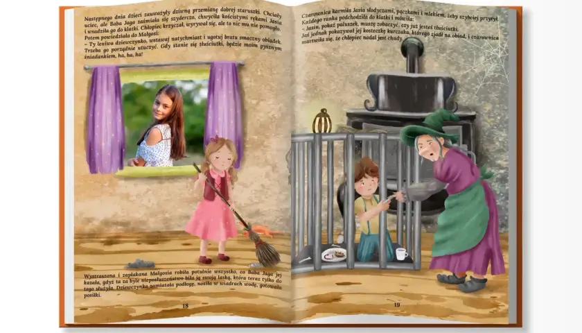 Ilustracja z baśni: Baba Jaga wtrąca Jasia do klatki, a Małgosia sprząta.
