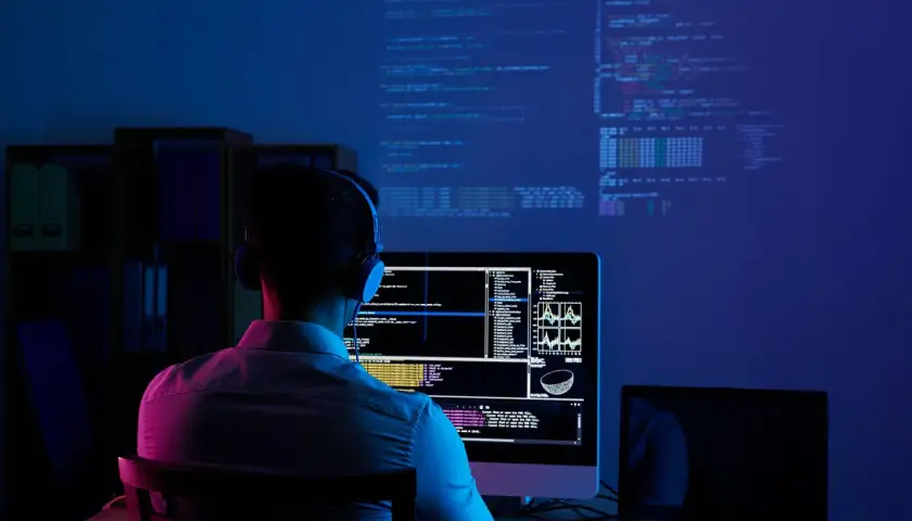 Młody człowiek w słuchawkach pochłonięty kodowaniem na ekranie. To idealne miejsce do nauki cyberbezpieczeństwo studia.