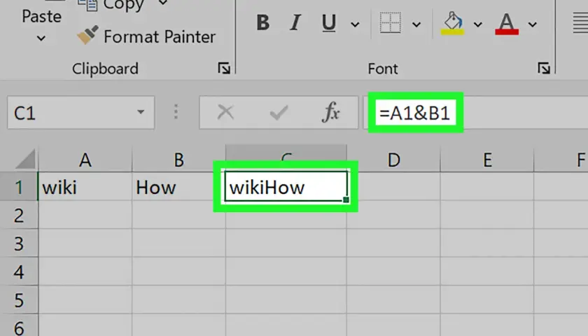 Formuła `=A1&B1` w Excelu pokazuje, jak połączyć arkusze w Excelu w jeden, łącząc tekst z komórek A1 i B1.