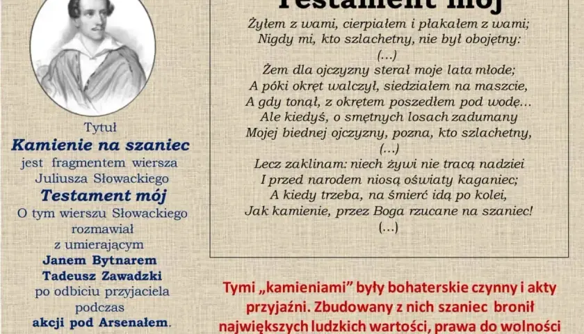 Portret Juliusza Słowackiego i fragment jego wiersza "Testament mój", który stanowi streszczenie "Kamieni na szaniec".