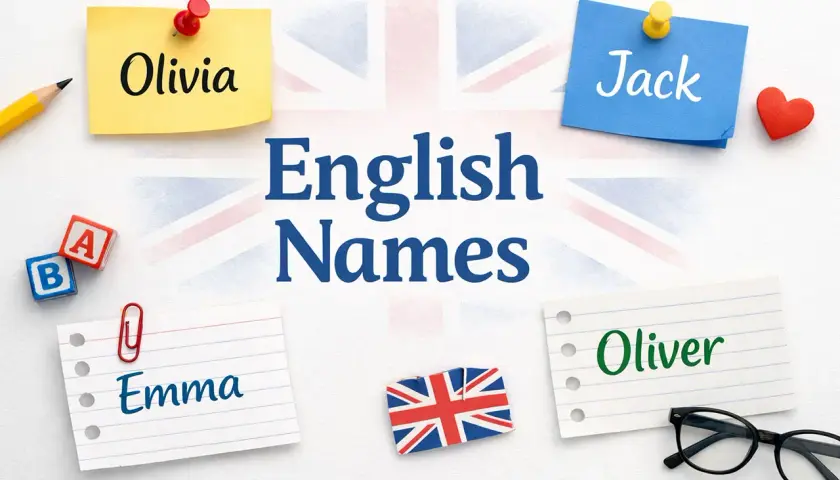 Olivia, Jack, Emma, Oliver – popularne angielskie imiona na karteczkach.