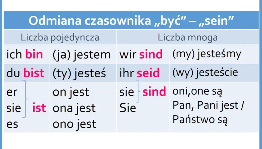 Tabela odmiany czasownika „sein” (być) w języku niemieckim. Widać odmianę w liczbie pojedynczej i mnogiej, np. "ich bin" (ja jestem).