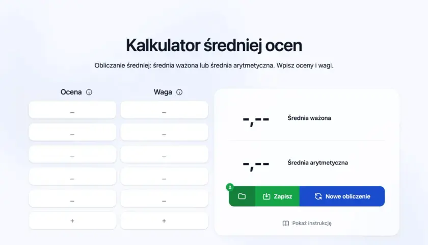 Kalkulator średniej ocen pozwala obliczyć średnią ważoną lub arytmetyczną. Wpisz oceny i wagi.