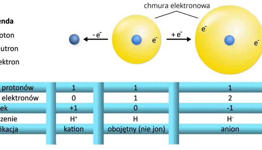 Schemat przedstawia budowę atomu wodoru i jego jonów. Pokazuje, jak liczba elektronów wpływa na ładunek i klasyfikację, tworząc kation, anion lub obojętny atom.