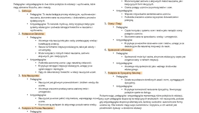 Tekst porównuje pedagogikę i antypedagogikę, omawiając ich definicje, założenia, rolę nauczyciela, podejście do nauczania, oceniania, społeczeństwa i dyscypliny.