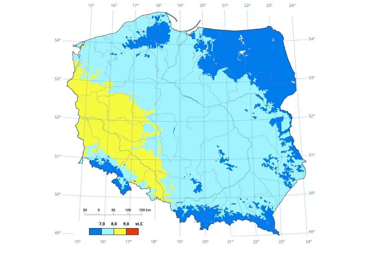 Mapa przedstawia strefy klimatyczne Polski. Żółte obszary oznaczają średnią roczną temperaturę 9°C, jasnoniebieskie 8°C, a ciemnoniebieskie 7°C.