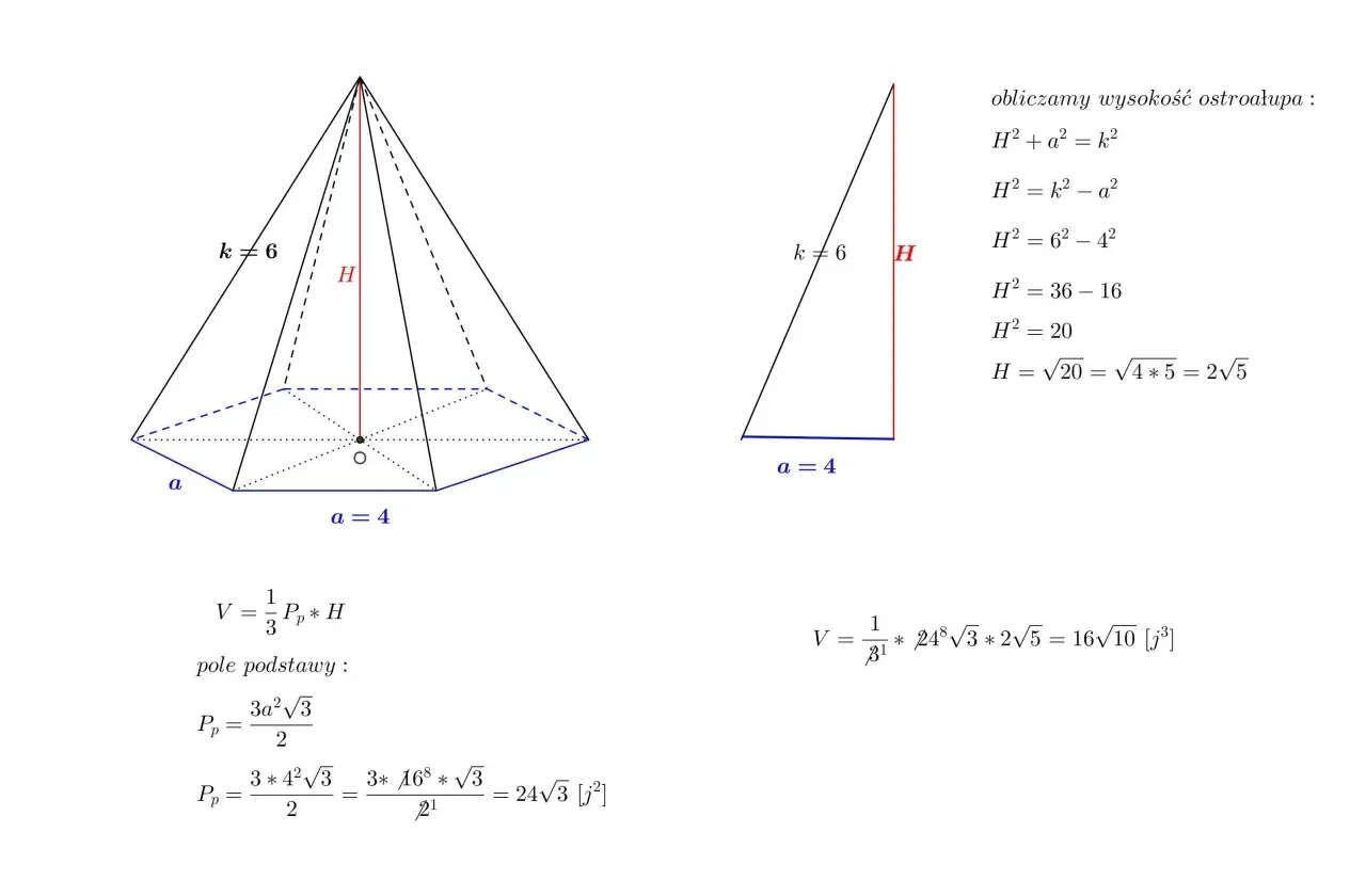 Wzór na objętość ostrosłupa sześciokątnego. Obliczanie wysokości ostrosłupa (H=2√5) i pola podstawy (Pp=24√3).