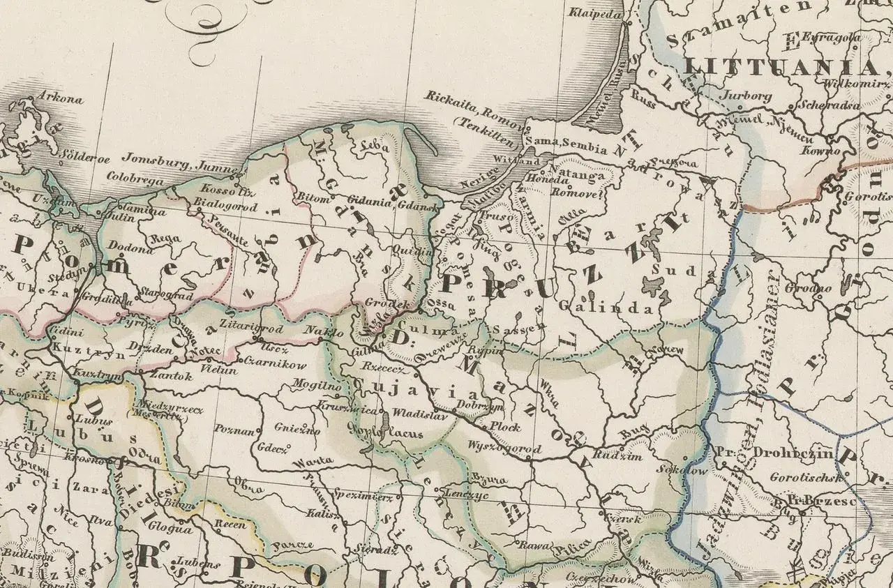 Mapa Europy Środkowej z zaznaczonymi miastami i rzekami. Widoczna zasada senioratu w nazwach miejscowości.