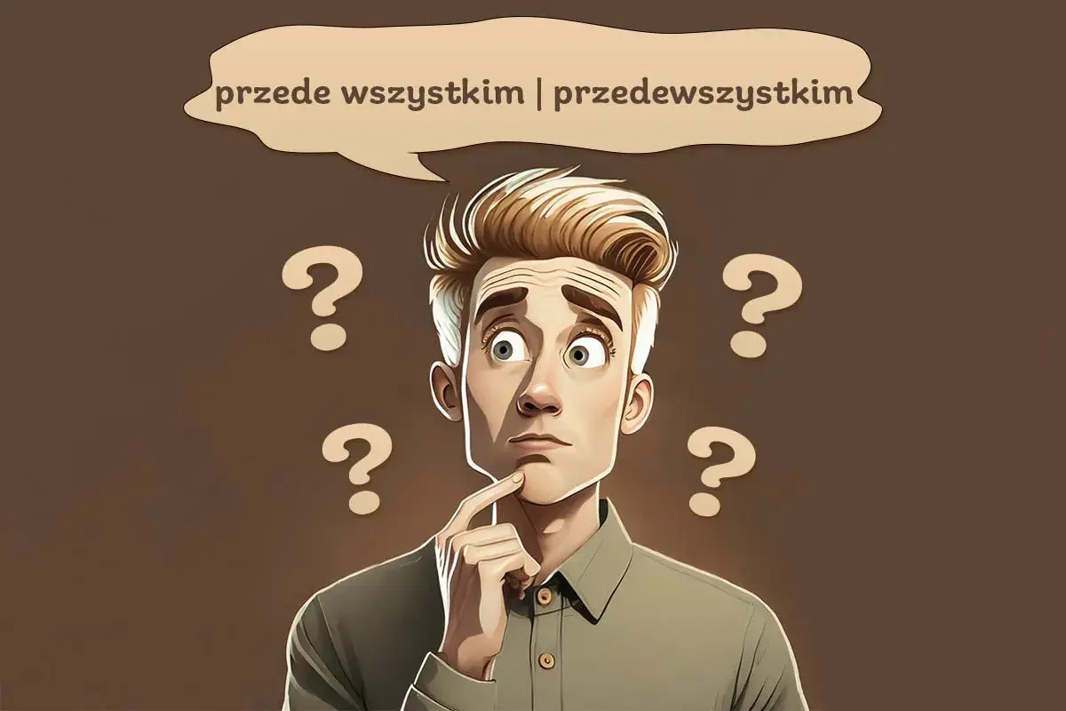 Zastanawiający się mężczyzna otoczony znakami zapytania. Czy powinniśmy działać przedewszystkim razem czy osobno?