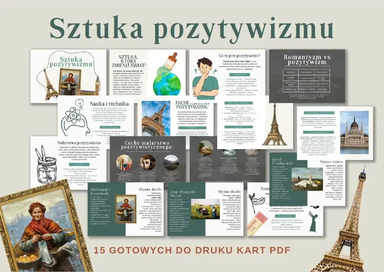 Karty PDF o sztuce pozytywizmu. Definicja pracy organicznej, cechy malarstwa, architektura i nauka.