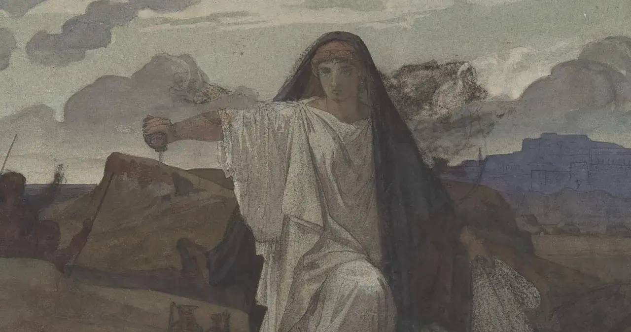 Antygona, symbol praw boskich w konflikcie z prawami ludzkimi, w dramatycznej scenie.