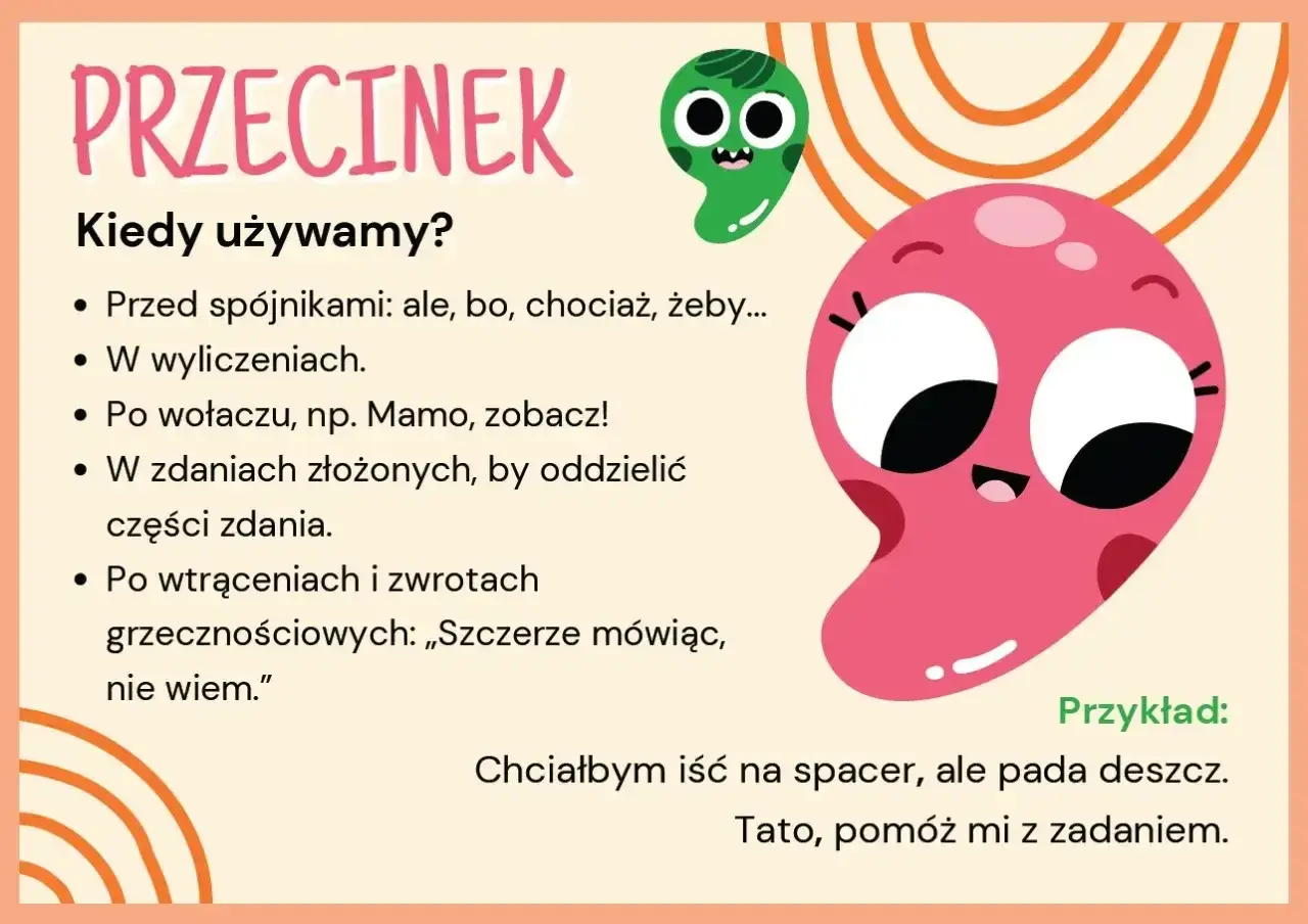 Ilustracja wyjaśnia użycie przecinka, np. przed "ale", aby oddzielić części zdania.