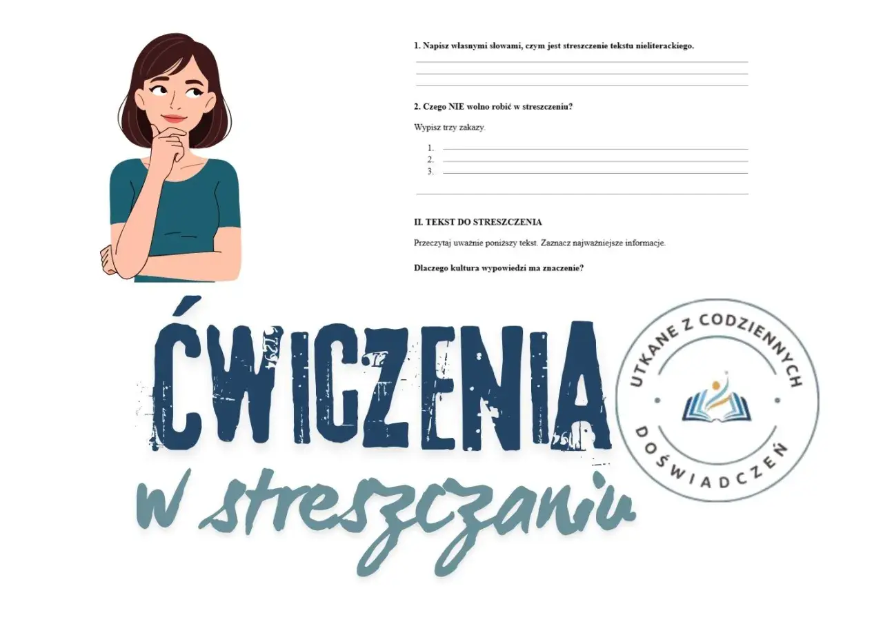 Dziewczyna myśli, jak napisać streszczenie. Ćwiczenia w streszczaniu tekstów.
