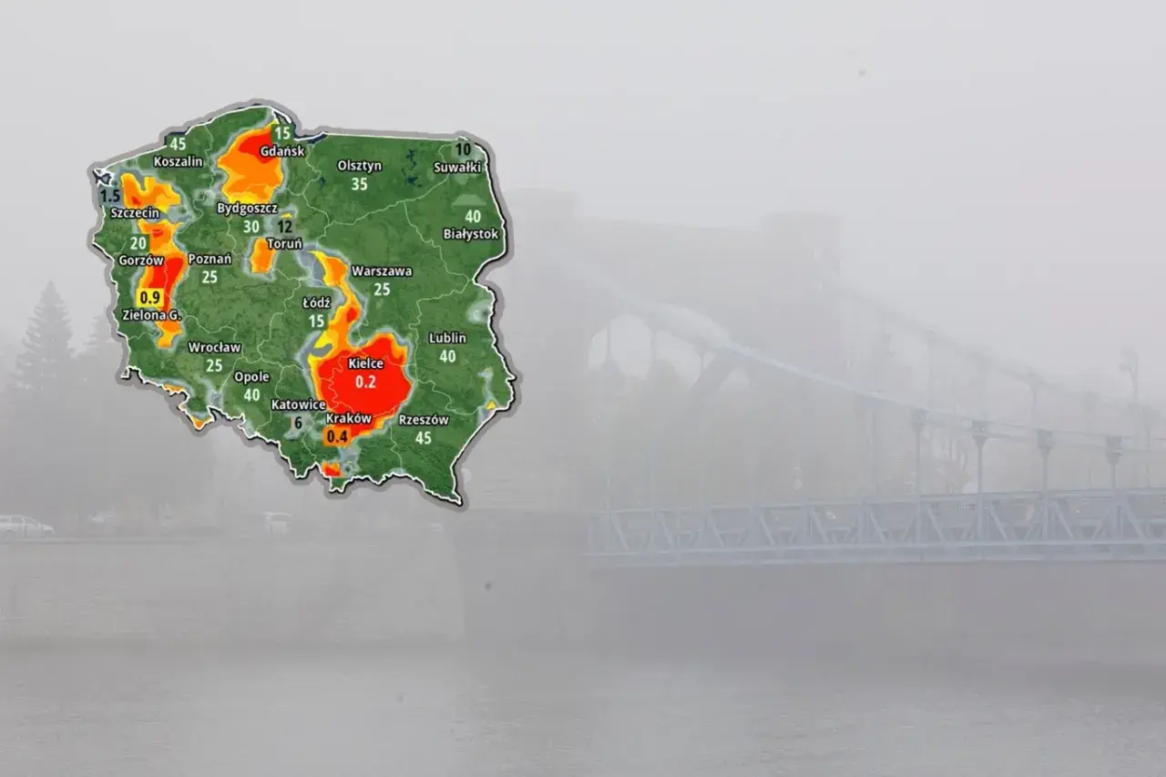 Gęsta mgła spowija most i krajobraz Polski, na której zaznaczono obszary o różnym natężeniu zjawiska.