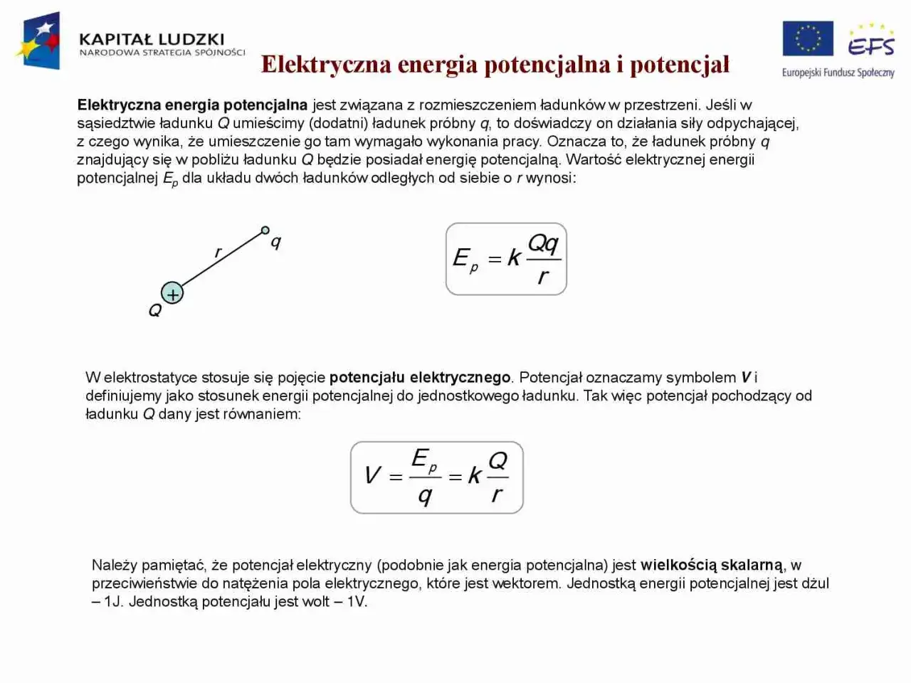 Ilustracja pokazuje wzór na elektryczną energię potencjalną dwóch ładunków, gdzie Ep to energia potencjalna, k to stała, a Q i q to ładunki.