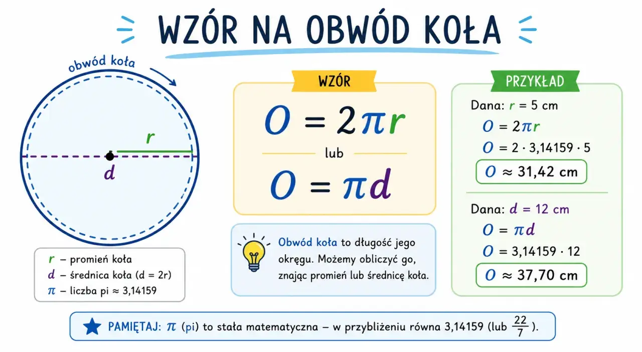 Wzór na obwód koła: O = 2πr lub O = πd. Przykład obliczenia obwodu koła o promieniu 5 cm.