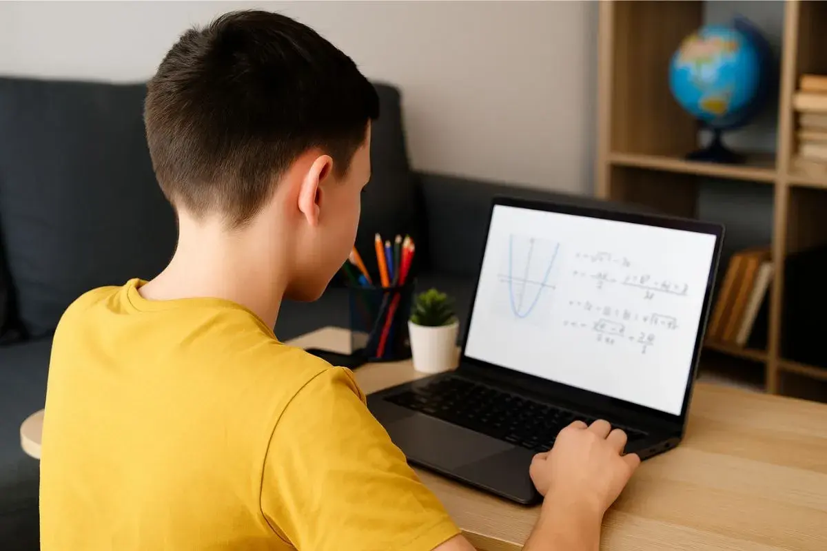 Chłopiec z pokolenia Alfa uczy się matematyki online. Na ekranie laptopa widać wykres funkcji i równania.