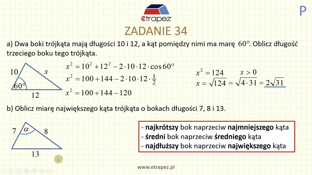 Zadanie 34: Obliczanie boku trójkąta z twierdzenia cosinusów. Przykład a) pokazuje obliczenie boku x.
