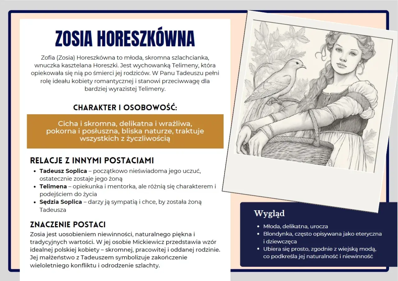 Zosia Horeszkówna, jedna z głównych panien w "Panu Tadeuszu", uosabia niewinność i piękno. Jej postać stanowi kontrast dla Telimeny.