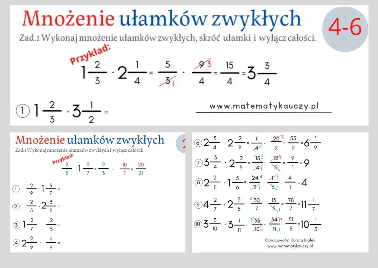 Przykłady i zadania z mnożenia ułamków zwykłych. Obliczanie, skracanie i wyłączanie całości.