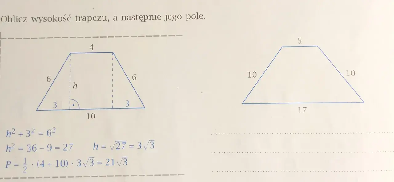 Obliczenia pokazują wzór na wysokość trapezu, gdzie h = 3√3. Obok przykład z innymi wymiarami.