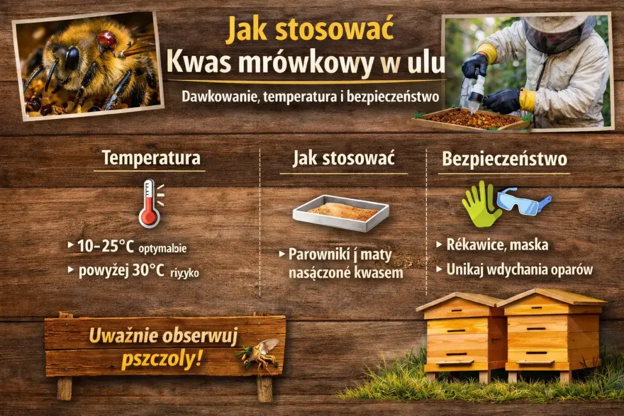 Instrukcja stosowania kwasu mrówkowego w ulu: temperatura 10-25°C, używaj parowników i mat, noś rękawice i maskę. Obserwuj pszczoły!