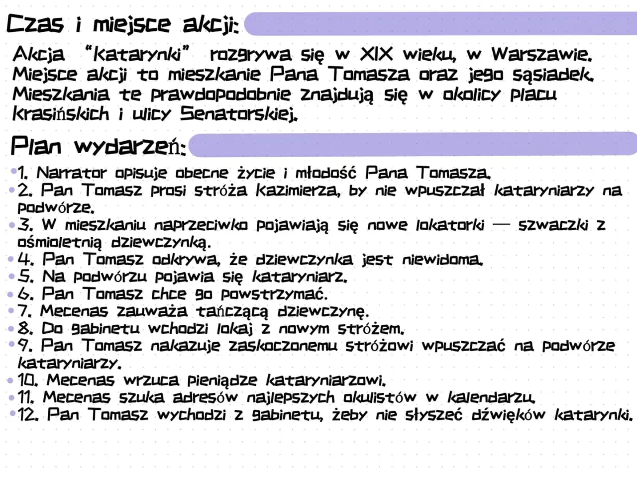 Katarynka streszczenie: XIX-wieczna Warszawa, mieszkanie Pana Tomasza. Plan wydarzeń obejmuje przybycie nowych lokatorek i niewidomej dziewczynki, a także pojawienie się kataryniarzy.