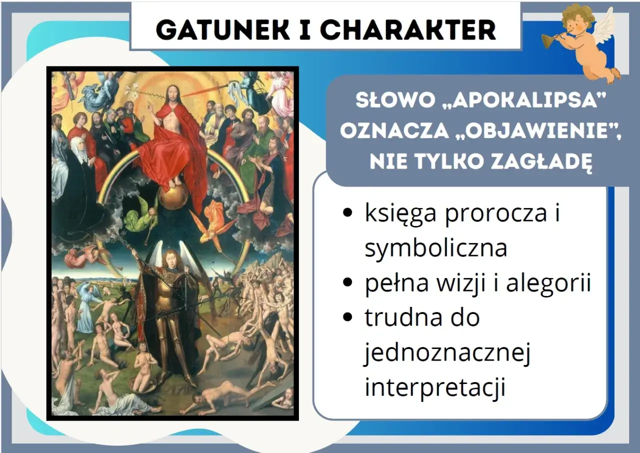 Obraz przedstawia scenę Sądu Ostatecznego, kluczowy element apokalipsy św. Jana. To streszczenie wizji końca świata, pełne symboliki.