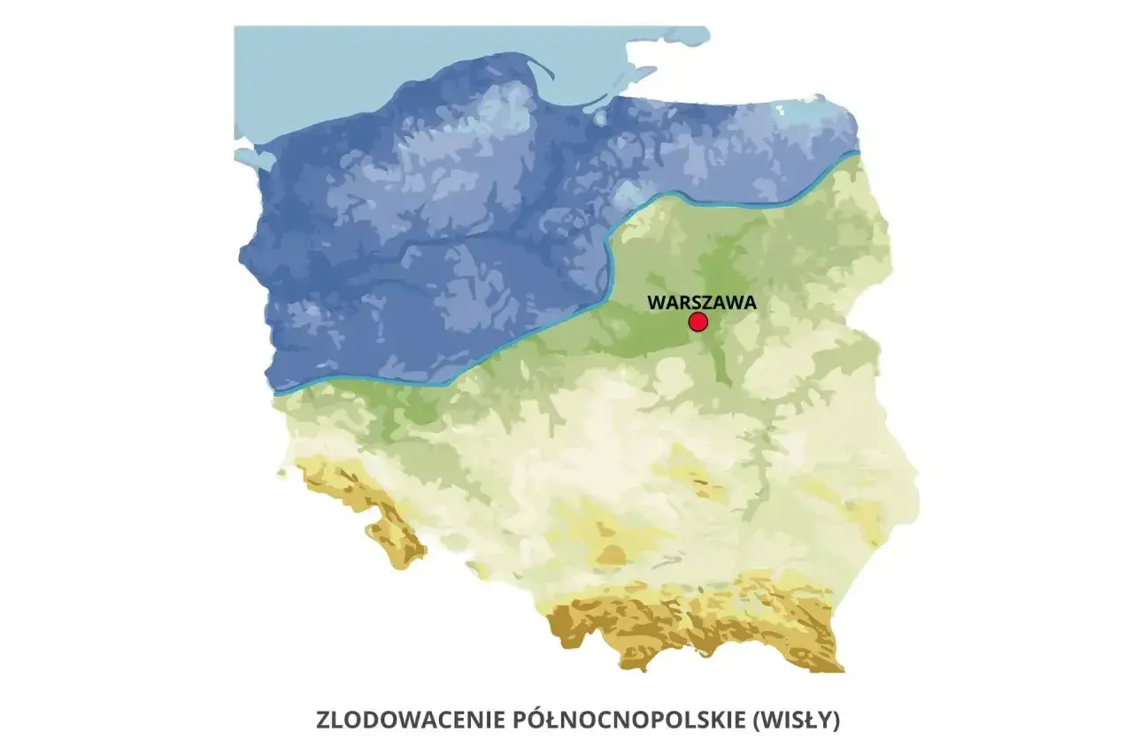 Mapa Polski z zaznaczonym zasięgiem zlodowacenia północnopolskiego (Wisły). Warszawa oznaczona czerwonym punktem.