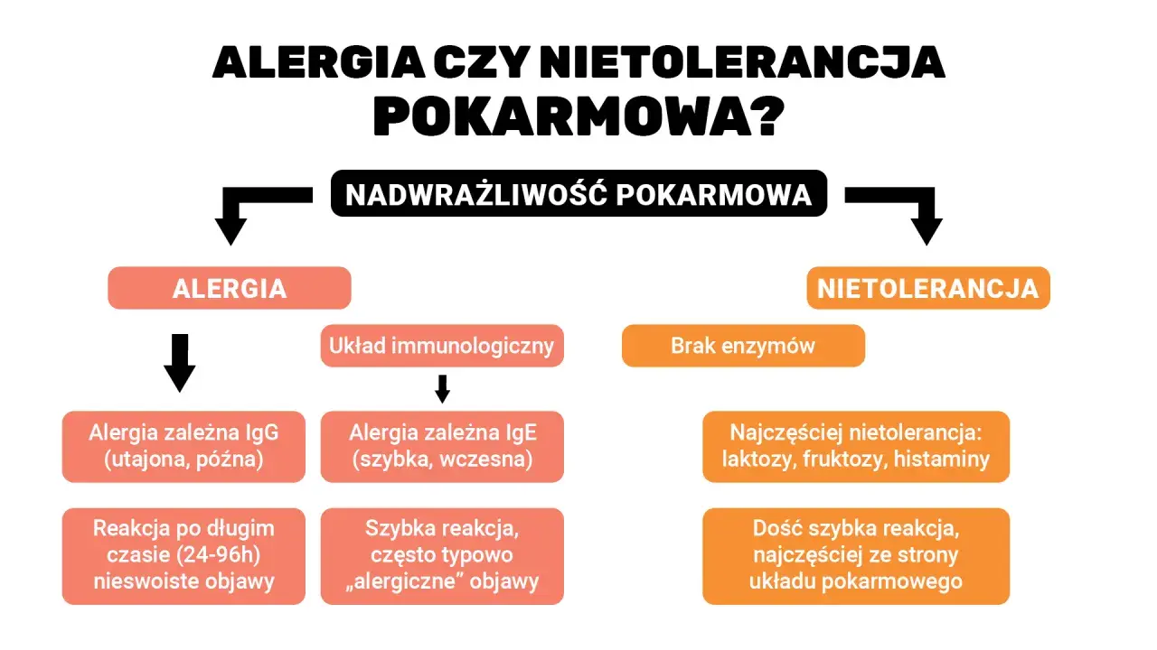 Schemat porównujący alergię i nietolerancję pokarmową, wyjaśniający mechanizmy i objawy reakcji na pokarmy, w tym potencjalne alergeny.