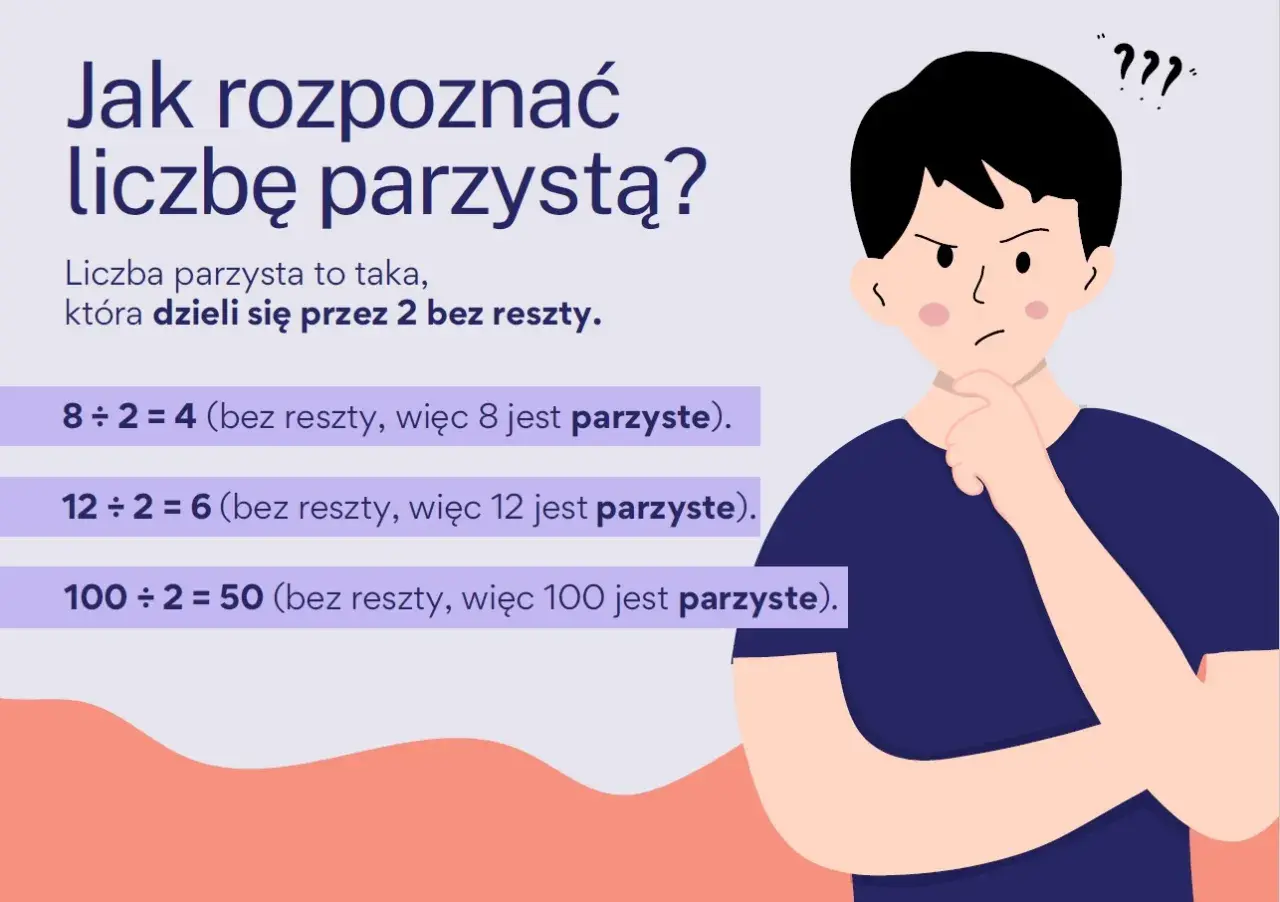 Chłopak zastanawia się, jak rozpoznać liczby parzyste. Przykład: 8 ÷ 2 = 4 (bez reszty).