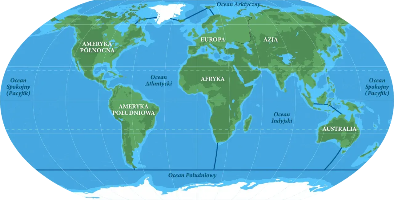 Mapa świata z zaznaczonymi kontynentami i oceanami. Pokazuje, czym się różni morze od oceanu, ukazując ich rozległość i położenie.