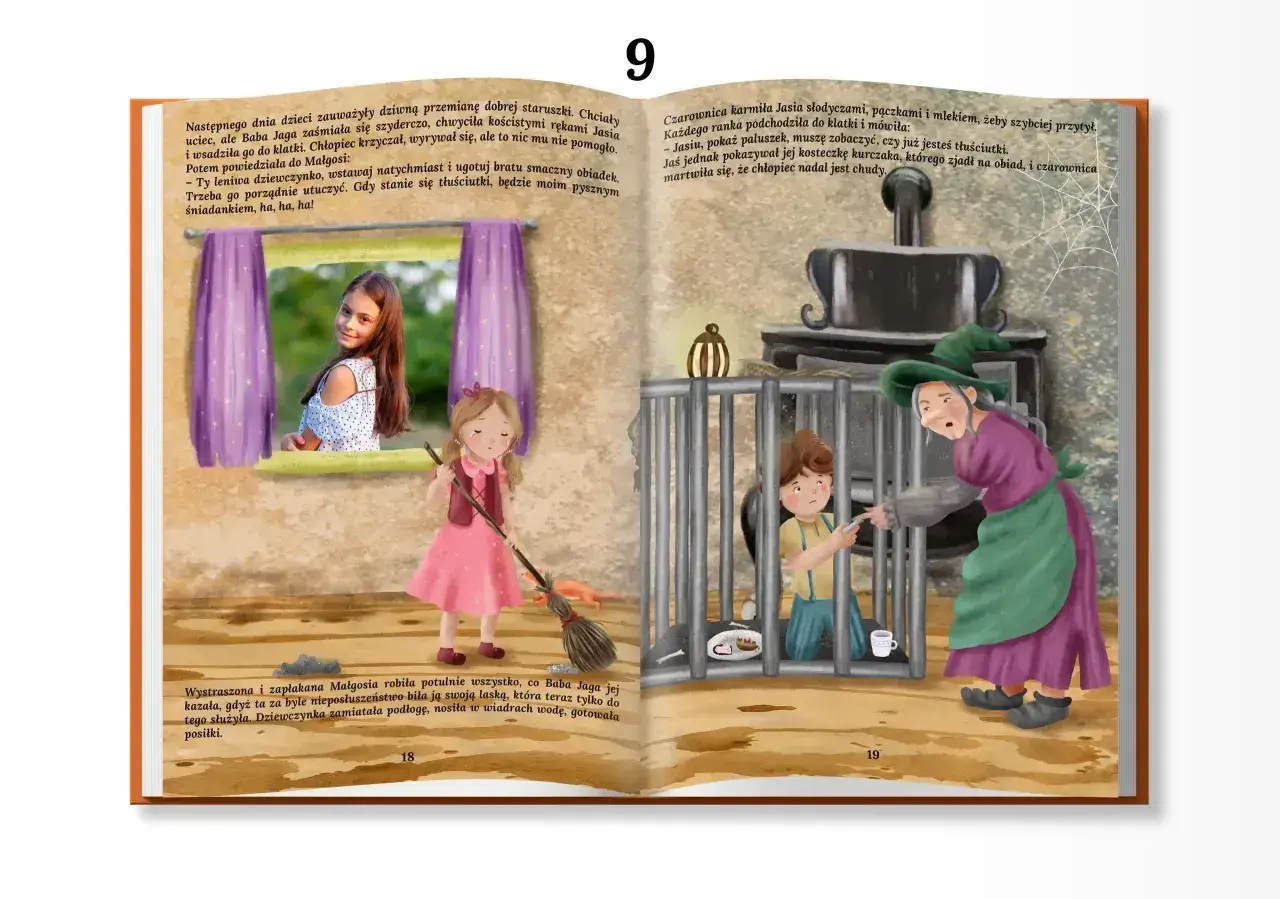 Ilustracja z baśni: Baba Jaga wtrąca Jasia do klatki, a Małgosia sprząta.