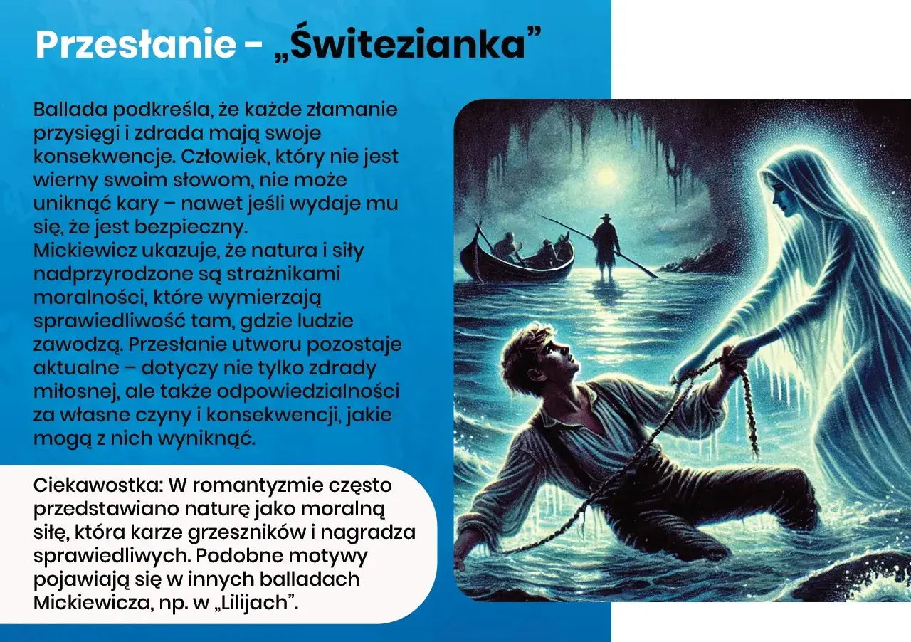 Mężczyzna w wodzie, wciągany przez świetlistą postać, nawiązanie do ballady "Świtezianka". W tle łódź.