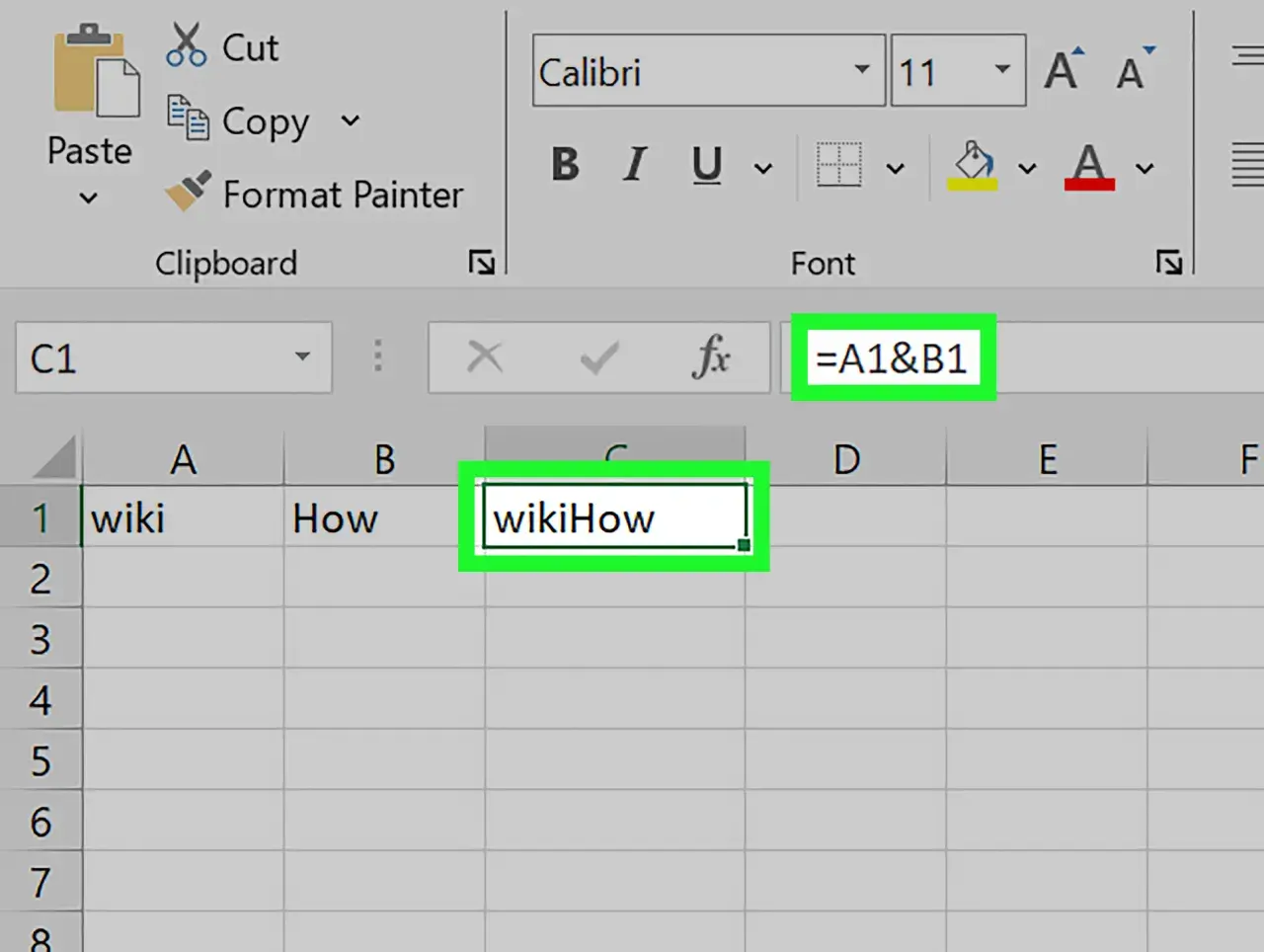 Formuła `=A1&B1` w Excelu pokazuje, jak połączyć arkusze w Excelu w jeden, łącząc tekst z komórek A1 i B1.