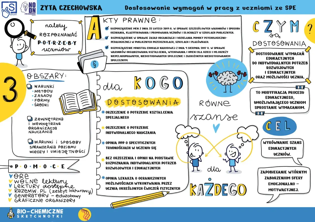 Nauczyciel wspomagający podczas hospitacji rozpoznaje potrzeby uczniów. Grafika przedstawia kluczowe obszary i cele dostosowań.