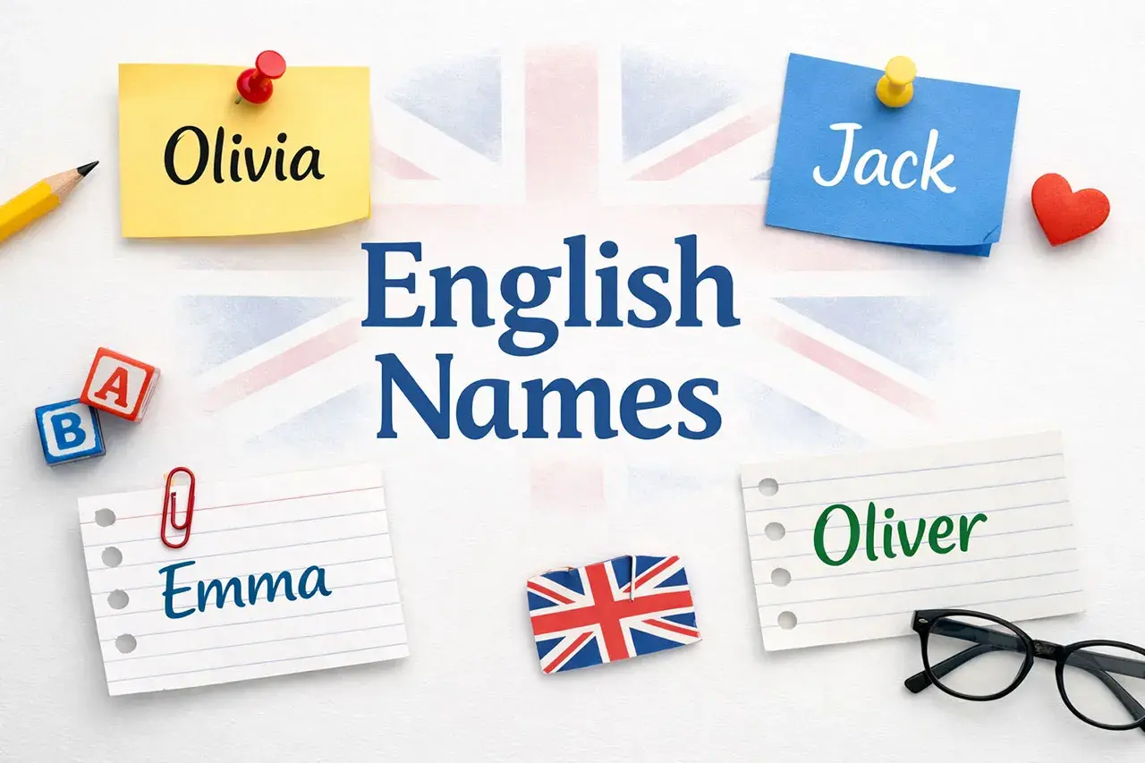 Olivia, Jack, Emma, Oliver – popularne angielskie imiona na karteczkach.