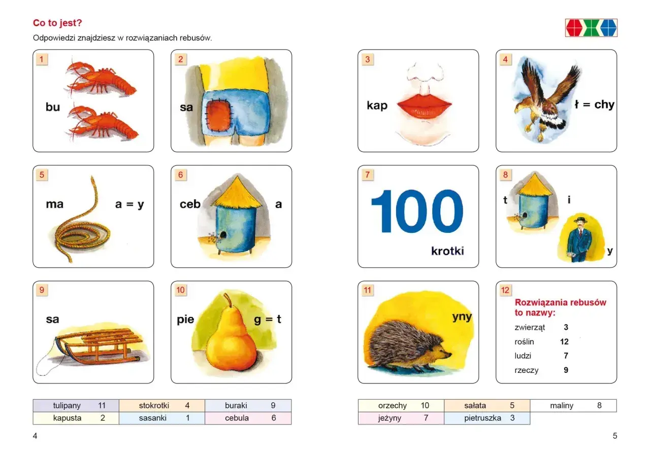Rebusy z obrazkami: raki (bu), spodenki (sa), usta (kap), orzeł (ł=chy), sznur (ma=y), ul (ceba), sto (krotki), pszczoła i pan (tiy), sanki (sa), gruszka (piet), jeż (yny). Co to jest rzeczownik?