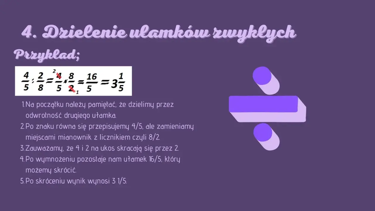 Przykład dzielenia ułamków zwykłych: 4/5 : 2/8 = 16/5 = 3 1/5. Objaśnienie krok po kroku.