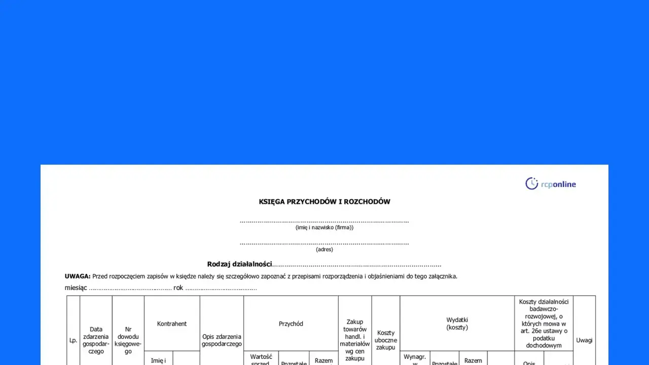 Formularz "Księga przychodów i rozchodów" - czy można prowadzić KPIR w Excelu? Ten dokument to podstawa do rozliczeń.