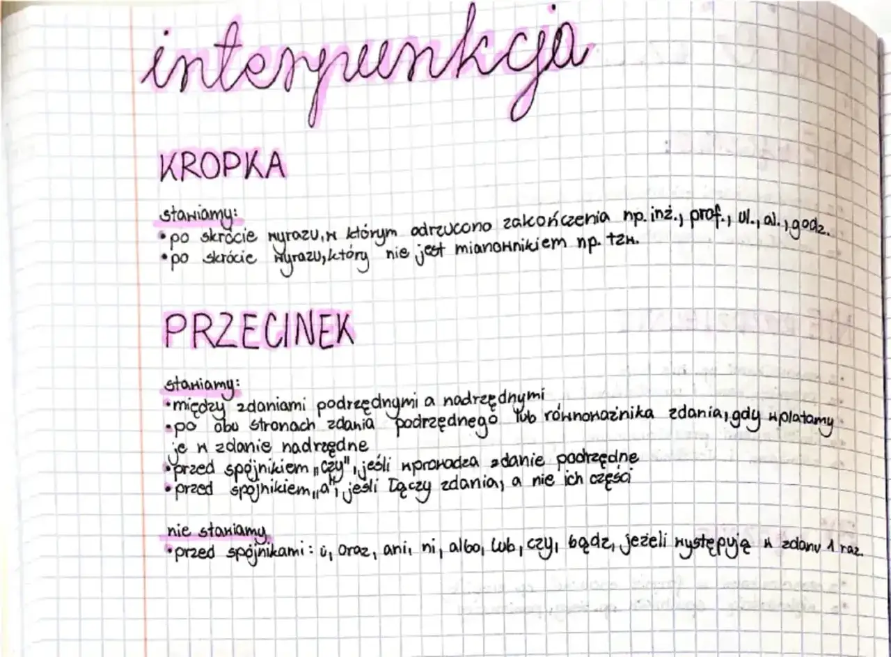 Zapisane zasady interpunkcji: KROPKA po skrótach (np. inż., prof.) i PRZECINEK między zdaniami podrzędnymi, a także przed