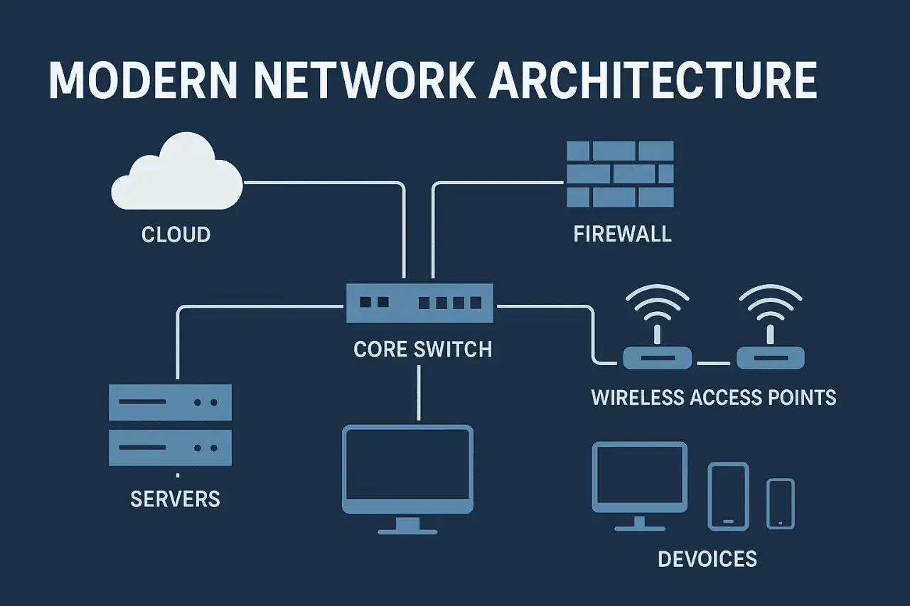Schemat nowoczesnej architektury sieci komputerowych: chmura, serwery, firewall, punkty dostępu Wi-Fi i urządzenia połączone z rdzeniem sieci.