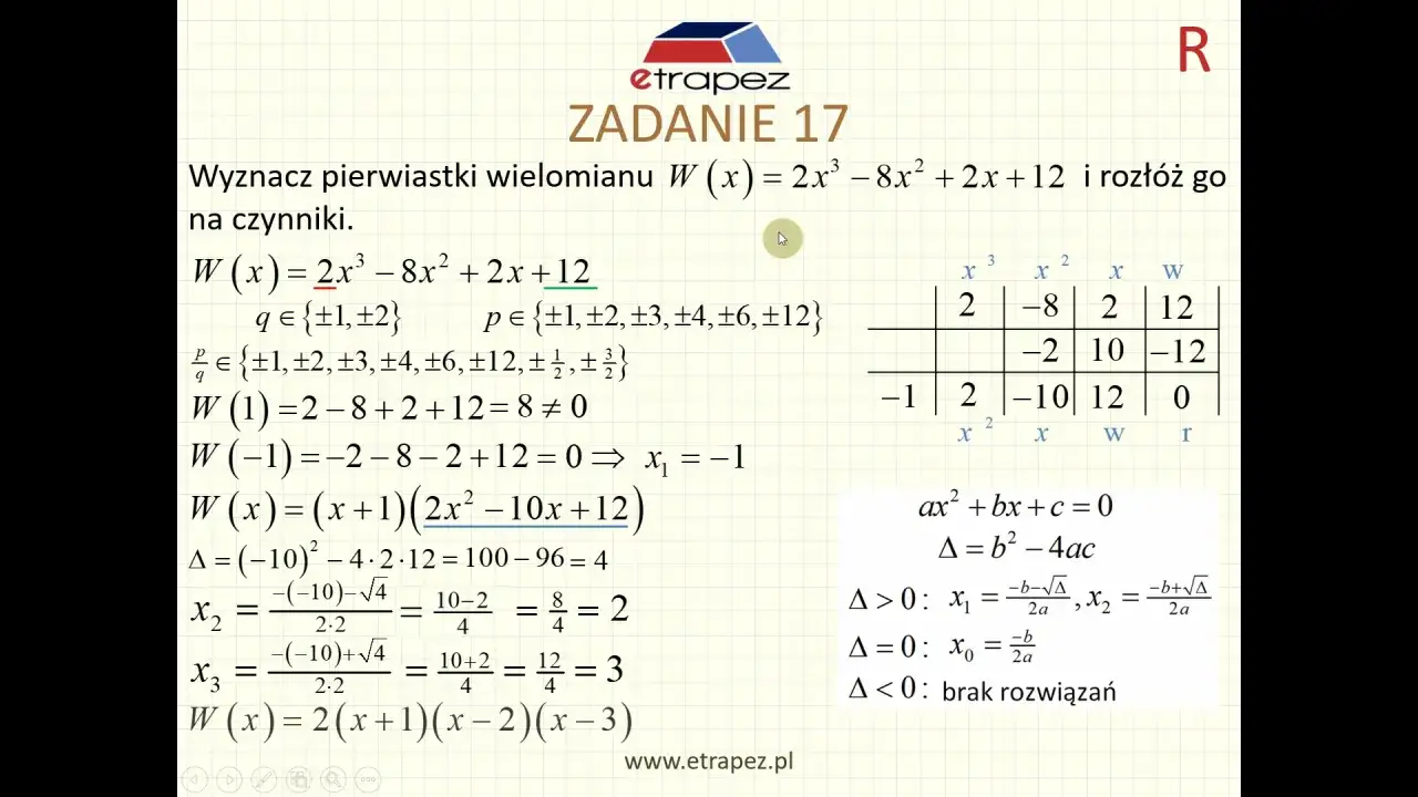 Rozwiązanie zadania 17: wyznaczanie pierwiastków i rozkład na czynniki wielomianu W(x) przy użyciu wyrażeń algebraicznych.