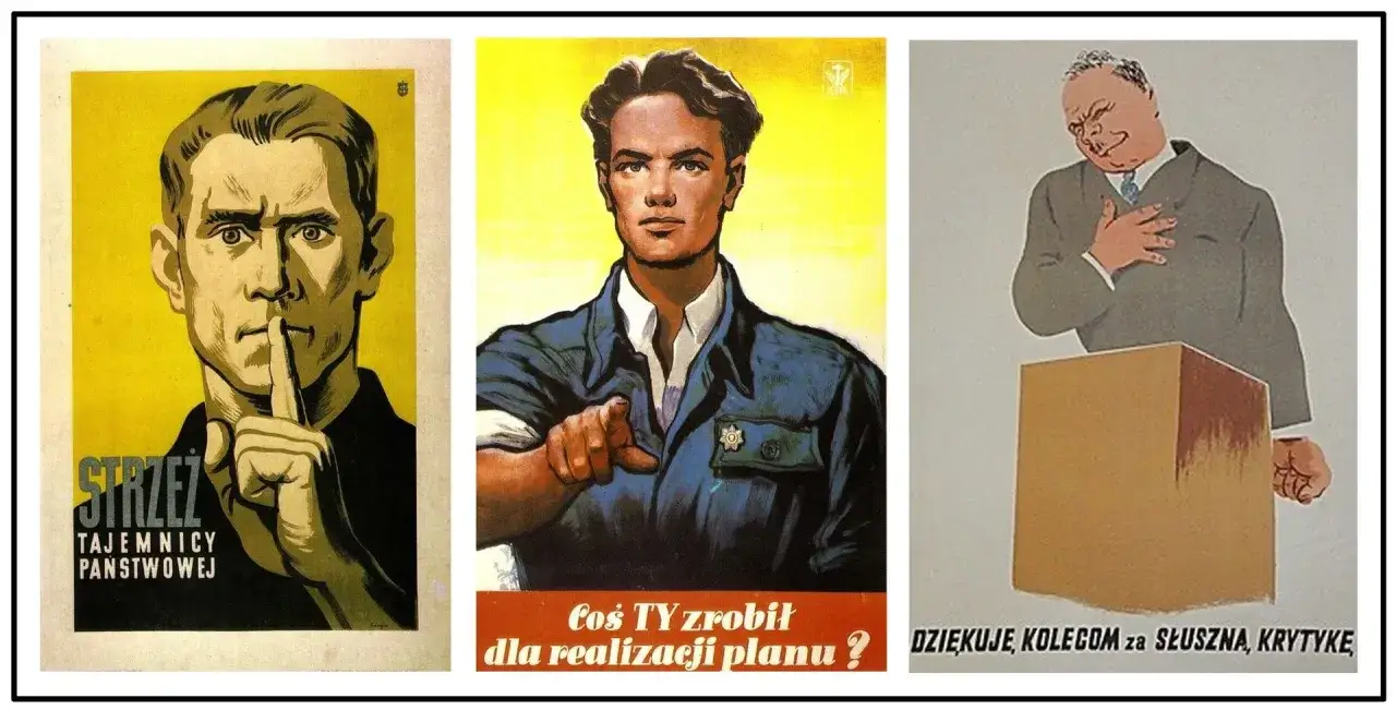 Plakaty propagandowe: mężczyzna z palcem na ustach